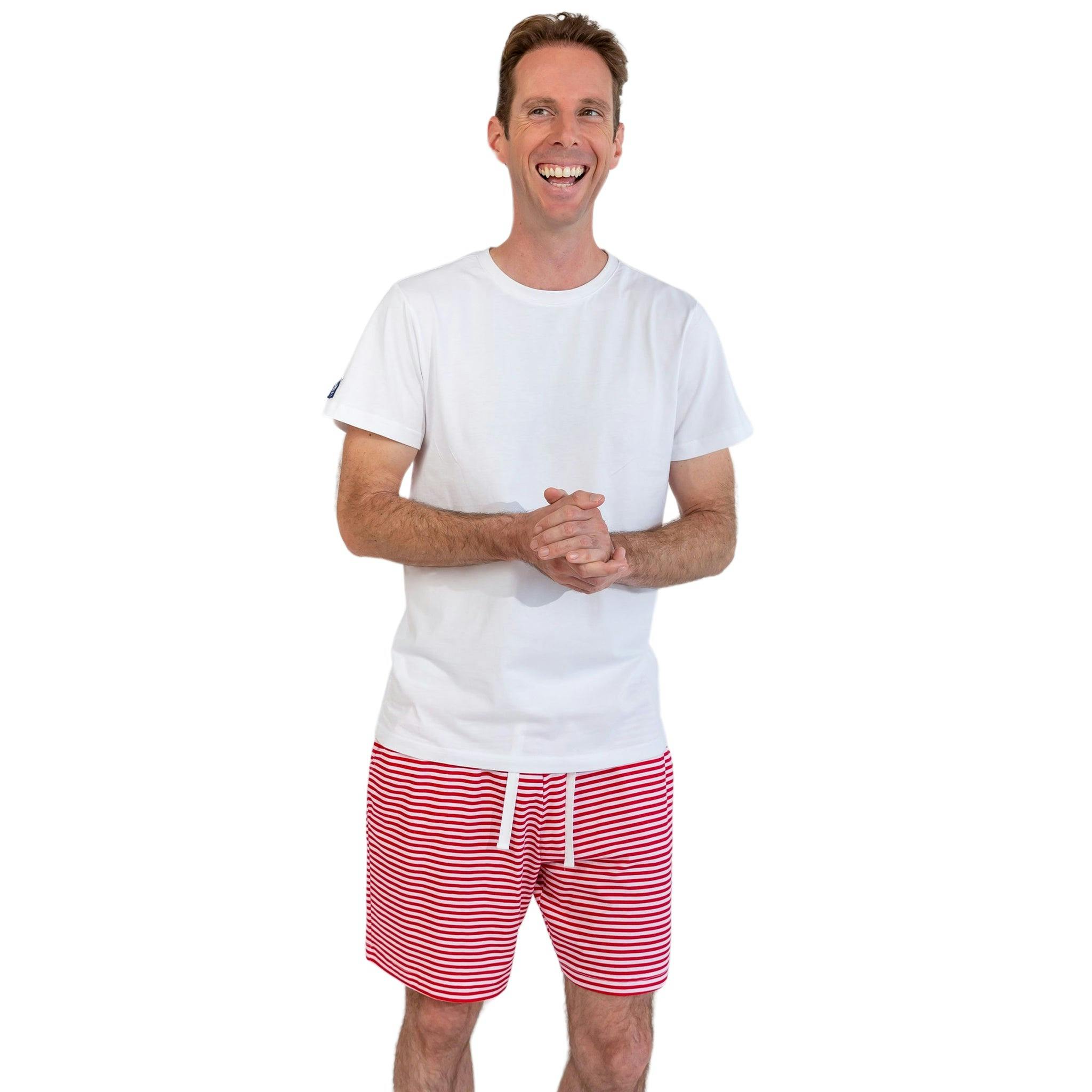 Men's Red Stripe Jersey Sleep Shorts - Organic Stretch Cotton