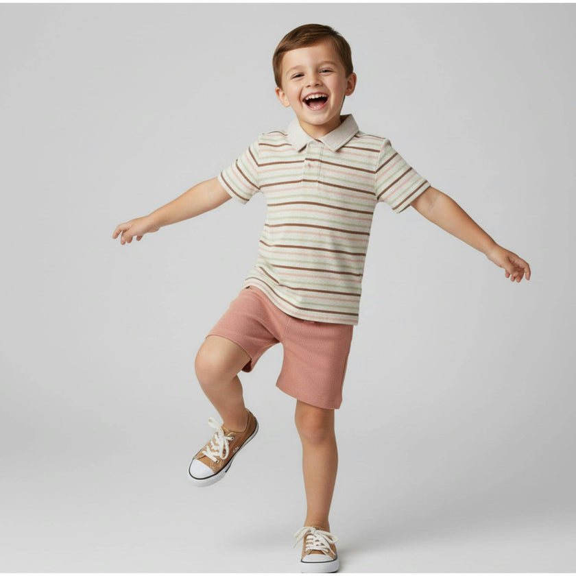 Organic Collar Tee & Shorts Set - Terra Stripes