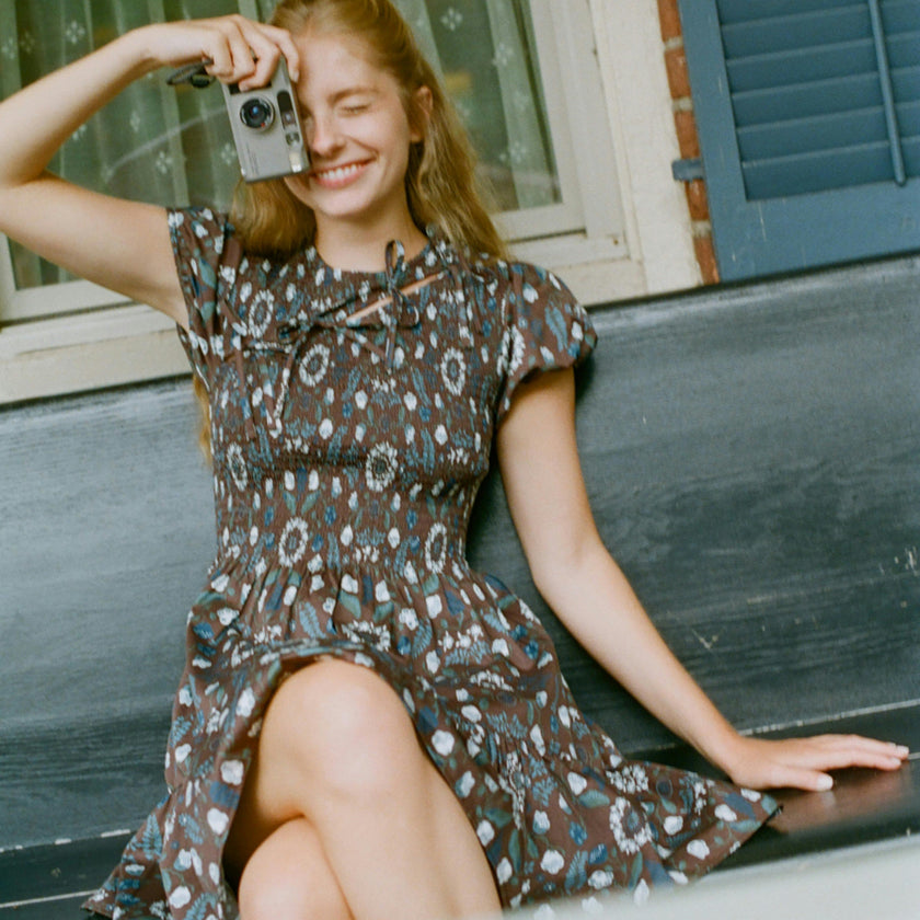 The Gia Mini Nap Dress - Chocolate Swedish Floral
