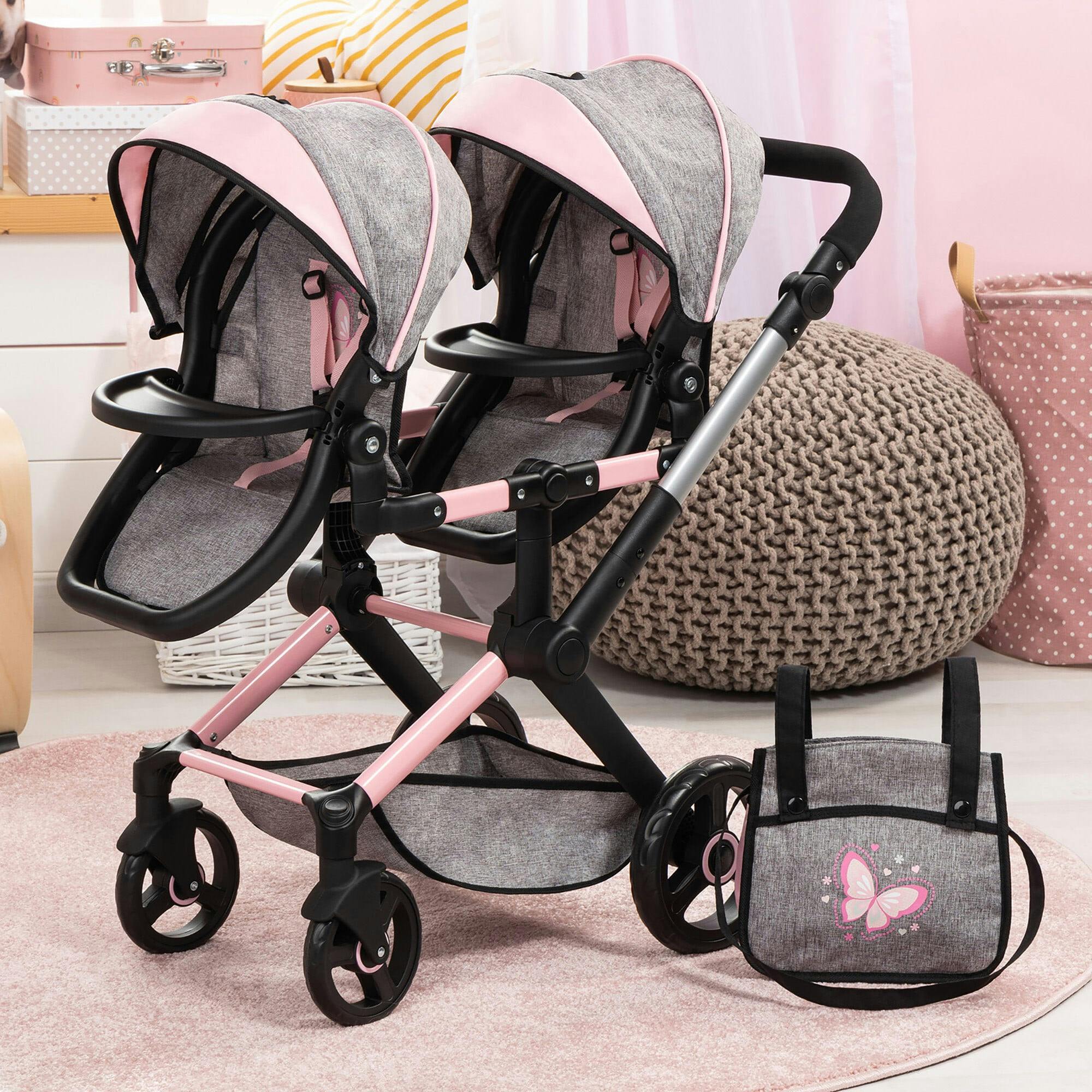 Bayer Design Dolls: Xeo Twin Pram - Grey & Pink