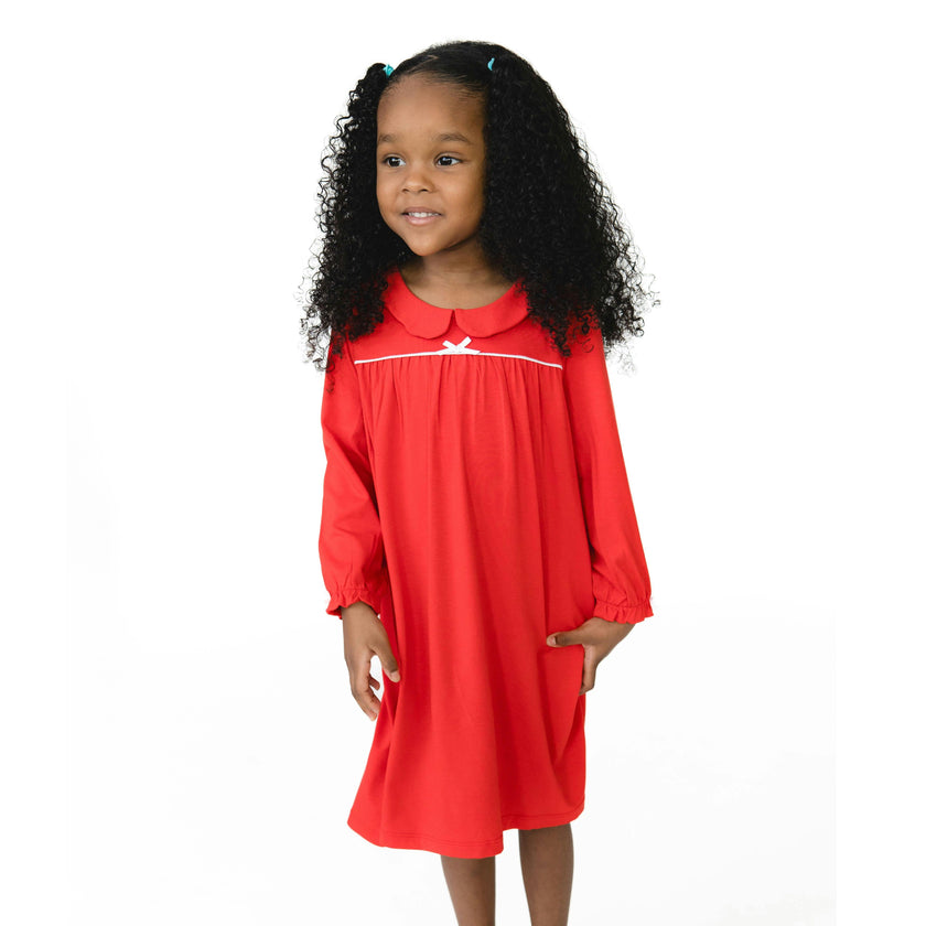 Ribbon Red - Knit Flame Resistant Long Sleeve Gown with Peter Pan Collar