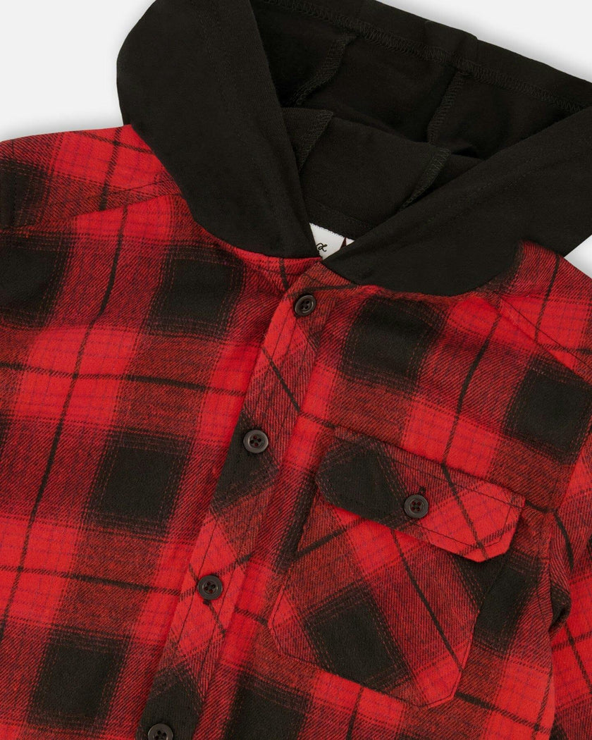 Plaid Flannel Shirt with Hoodie Red and Black