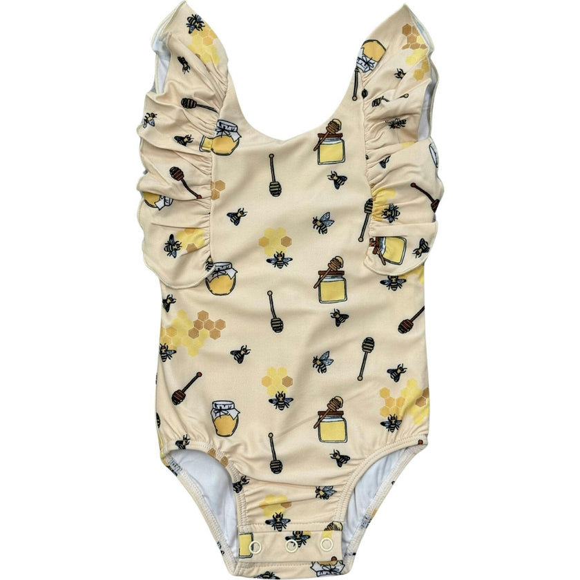 Girl's Ruffle Sleeve Cross Back Swimsuit