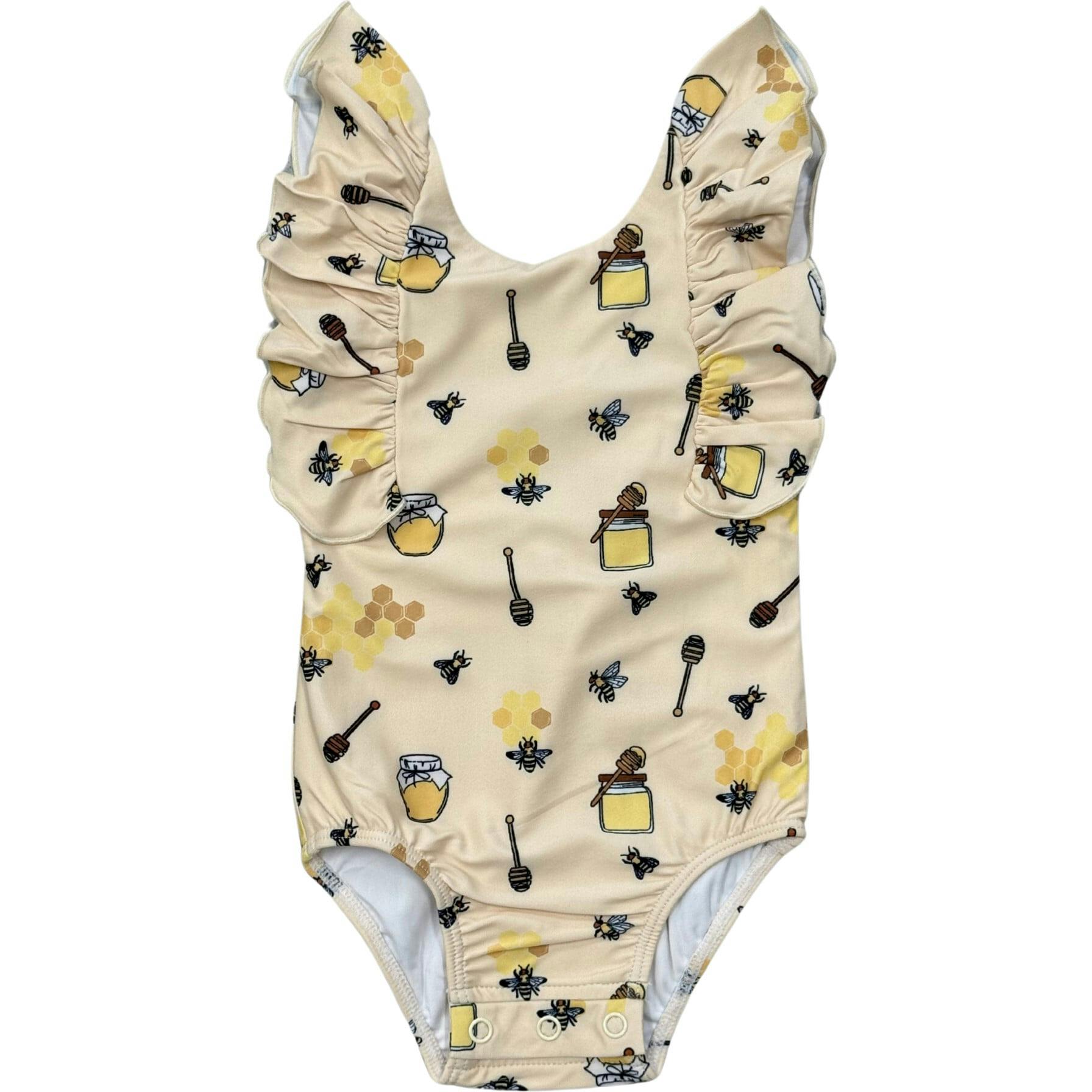 Girl's Ruffle Sleeve Cross Back Swimsuit