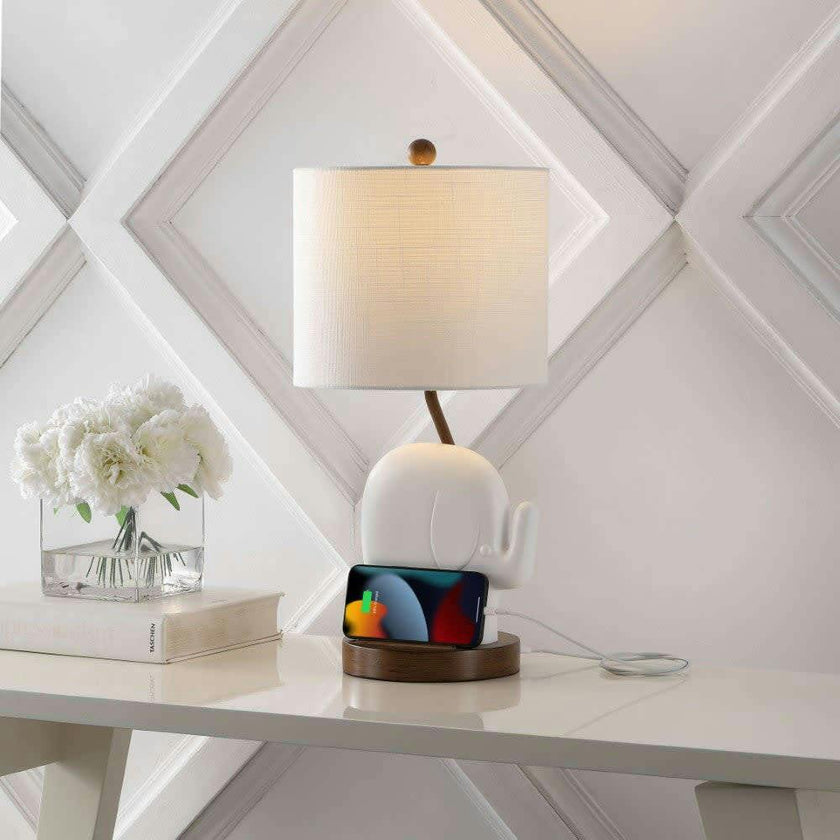 Ellie Bohemian Designer Iron/Resin Elephant LED Kids Table Lamp with Phone Stand and USB Charging Port