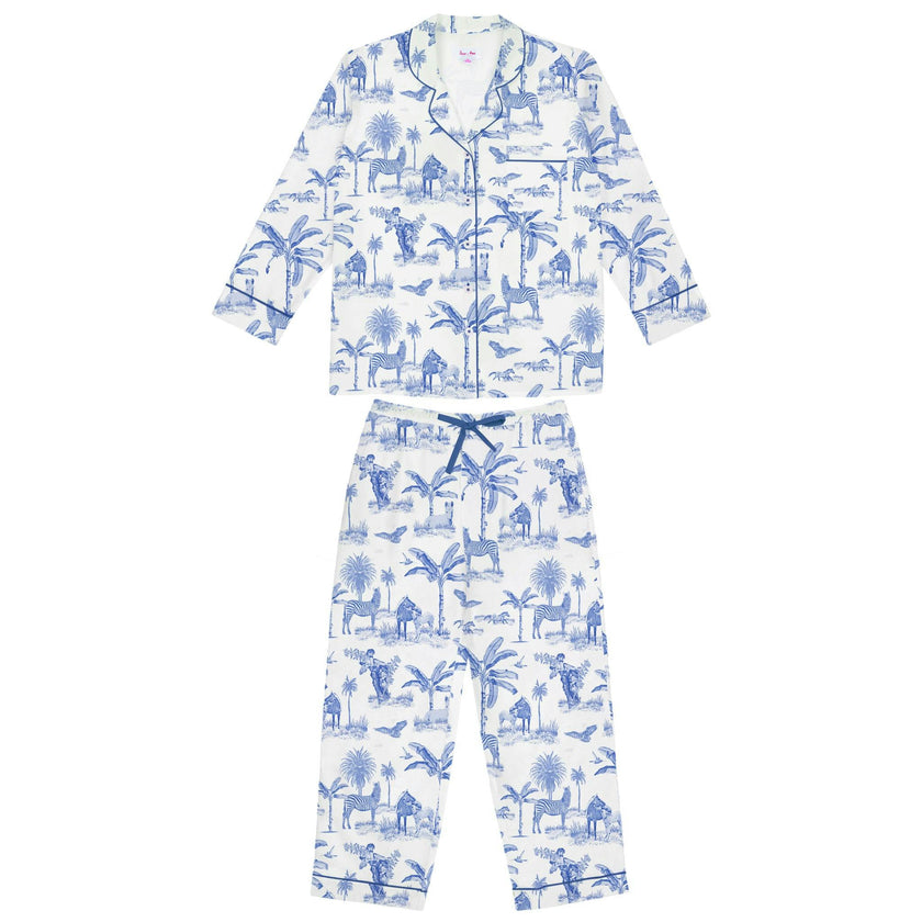 Women's Skydog Toile Blue Long PJ Set - Organic Cotton Poplin