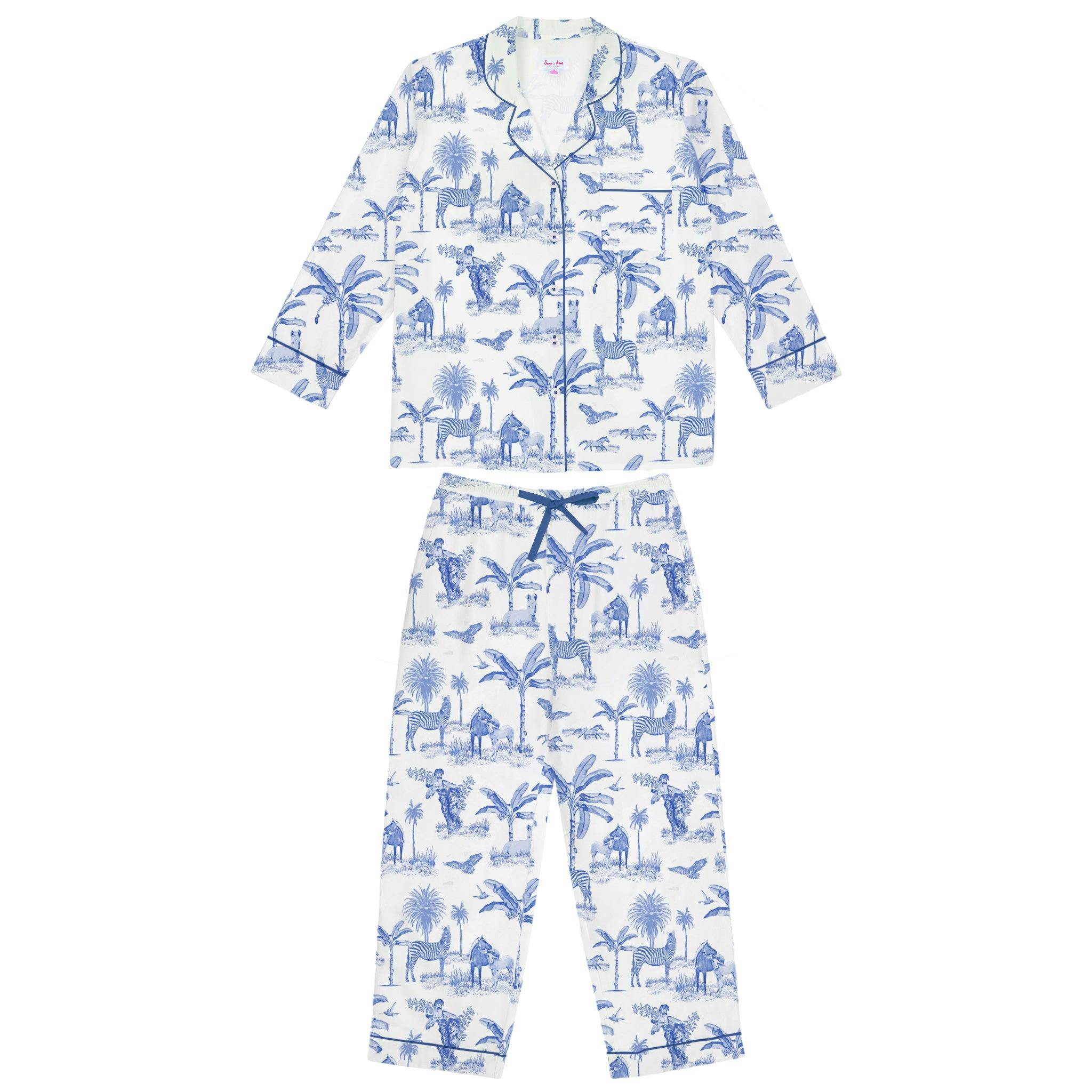 Women's Skydog Toile Blue Long PJ Set - Organic Cotton Poplin