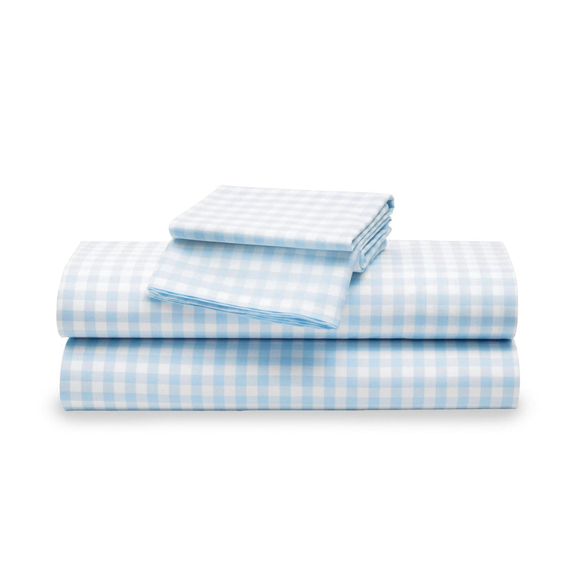 Luxe Premium Percale Bed Sheets in Light Blue Gingham