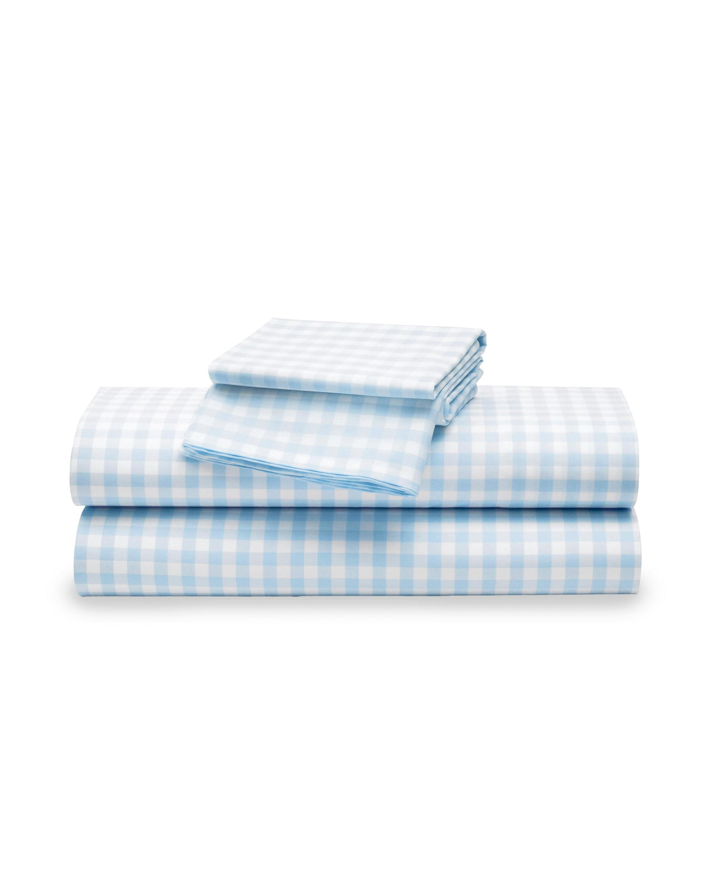 Luxe Premium Percale Bed Sheets in Light Blue Gingham