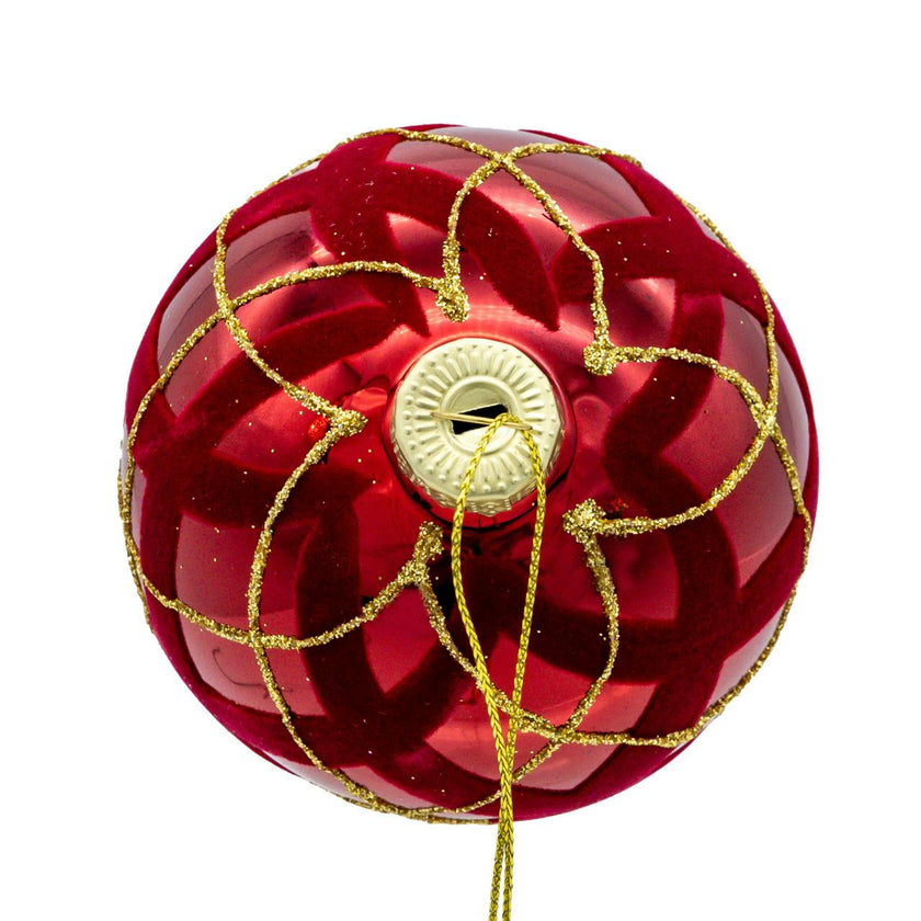 Kurt Adler 80MM Glass Flocked Red With Gold Glittered Design Ball Ornaments, 6-Piece Set