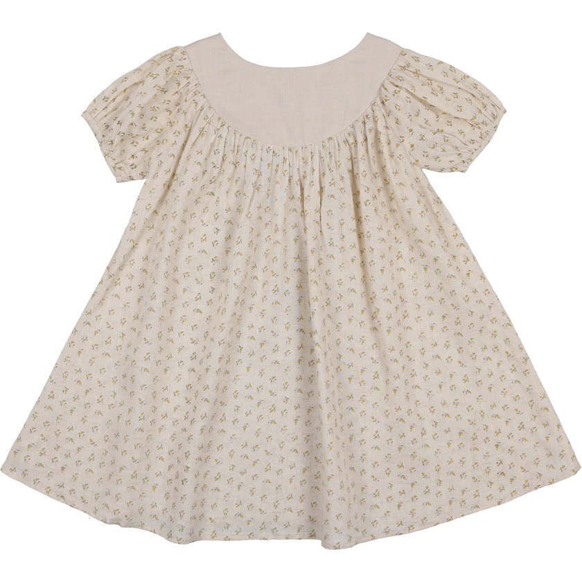 Lemon Blossom Pleated Puff Sleeve Swing Dress