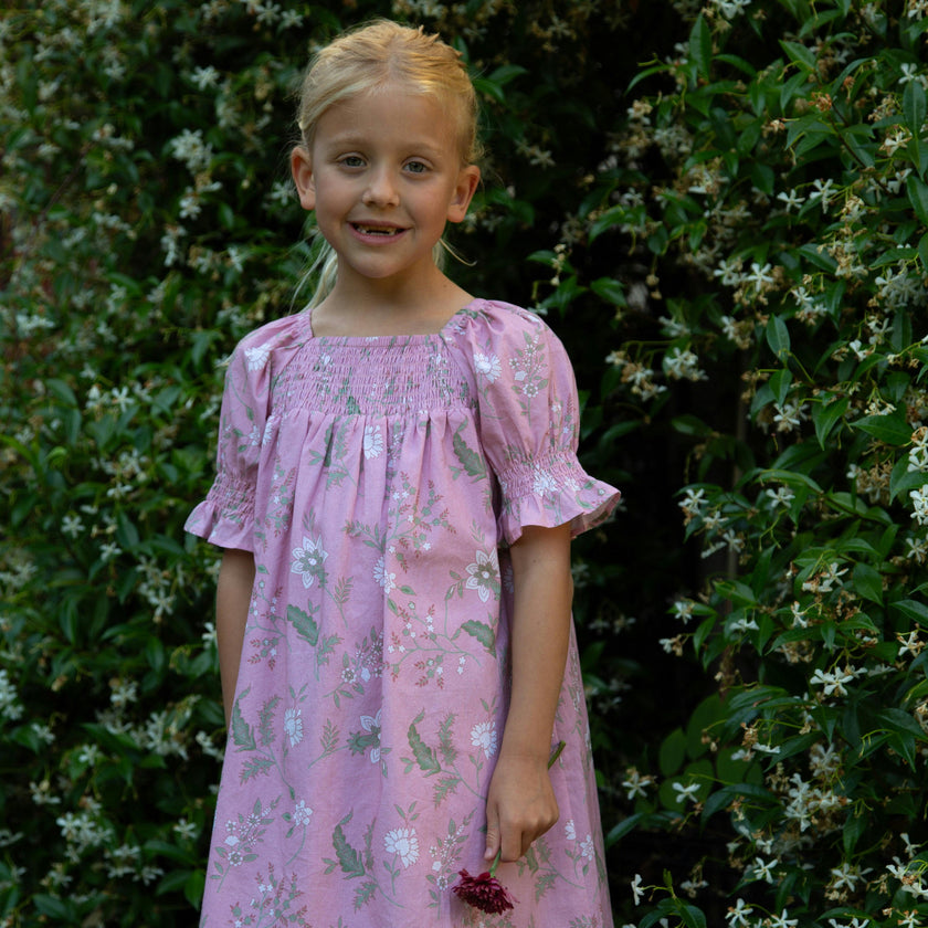Girls Olivia Dress with Smocking | Pink and Green Fern