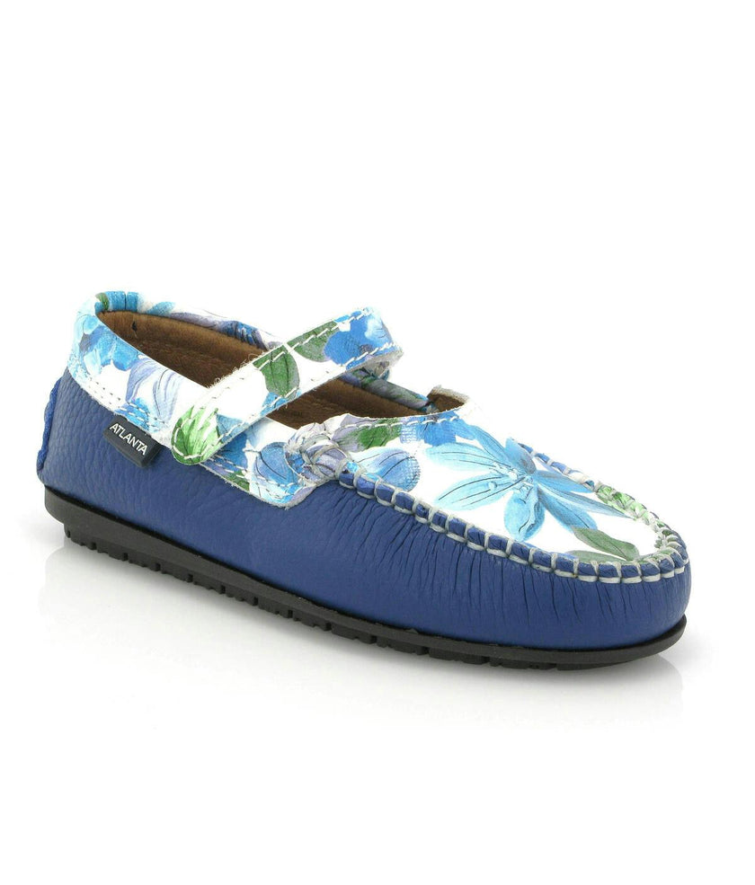 Mary Jane Moccasins, Blue Submarine Printed Leather