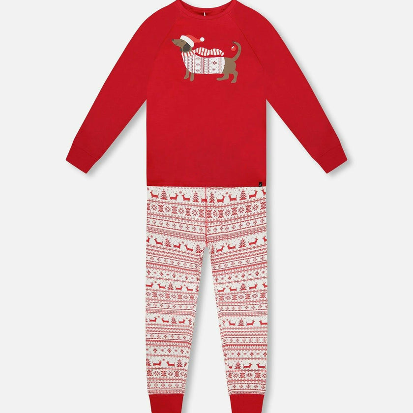 Adult Men Organic Cotton Two-Piece Pajama Set Red and White Fairisle