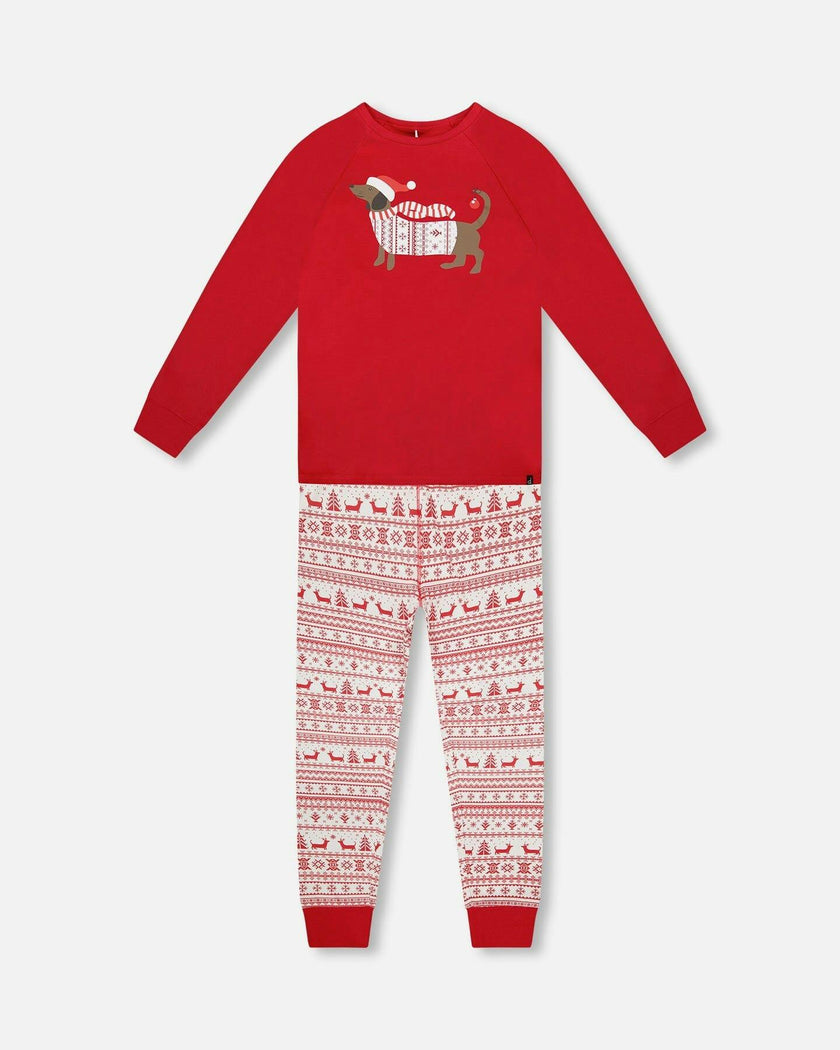 Adult Men Organic Cotton Two-Piece Pajama Set Red and White Fairisle