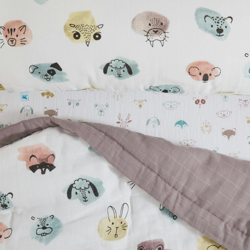 Cotton Muslin Toddler Bedding 3 Piece Set - Watercolor Critters