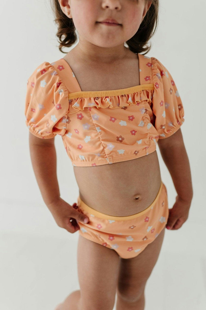 Girls Puff Sleeve Two-Piece Swimsuit in Desert Mist Blooms