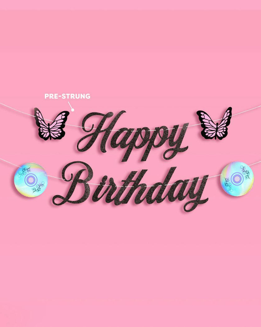 Y2K Birthday Banner - black glitter banner