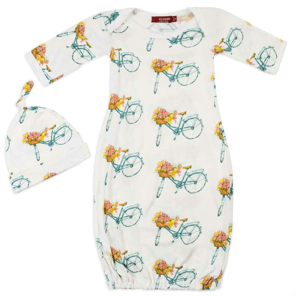 Floral Bicycle Bamboo Newborn Gown & Hat Set
