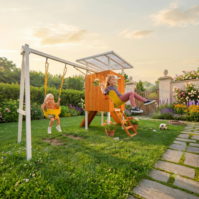 Forest Small Outdoor Toddler Swing Set | Compact Wooden Swing Frame for Babies & Kids