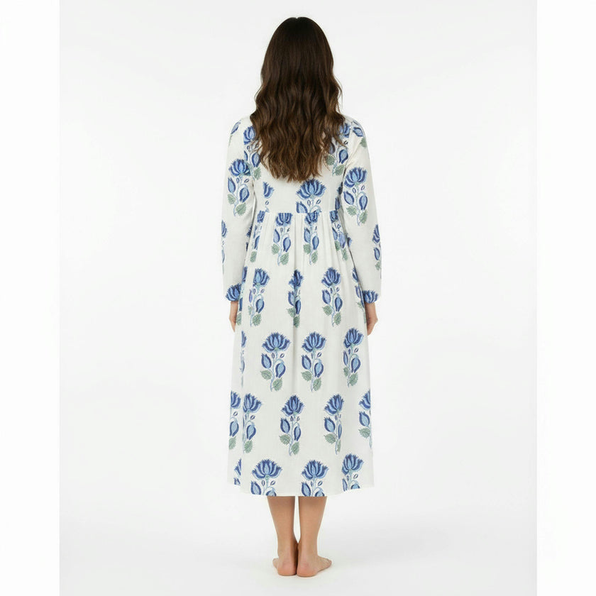 St Barth Womens Kaftan Blue Lotus Block Print, Blue Lotus Block Print