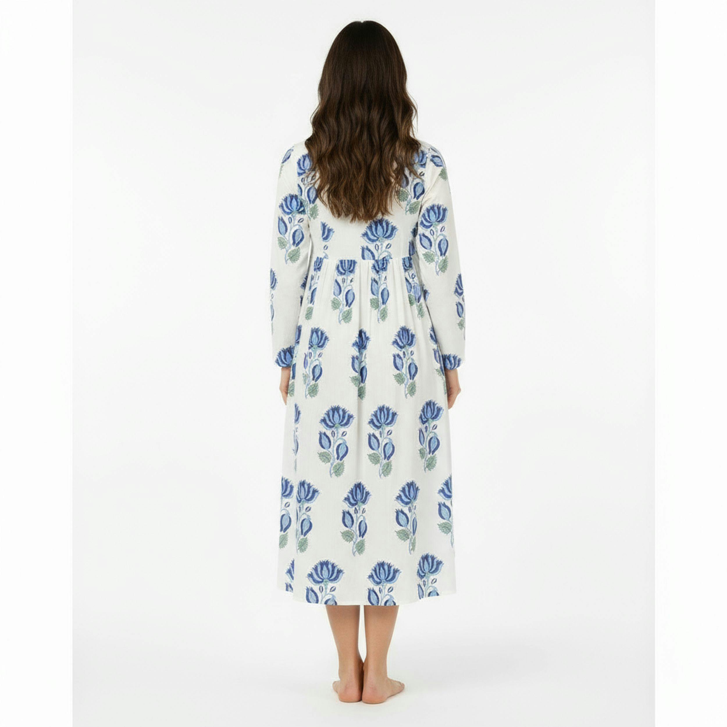 St Barth Womens Kaftan Blue Lotus Block Print, Blue Lotus Block Print