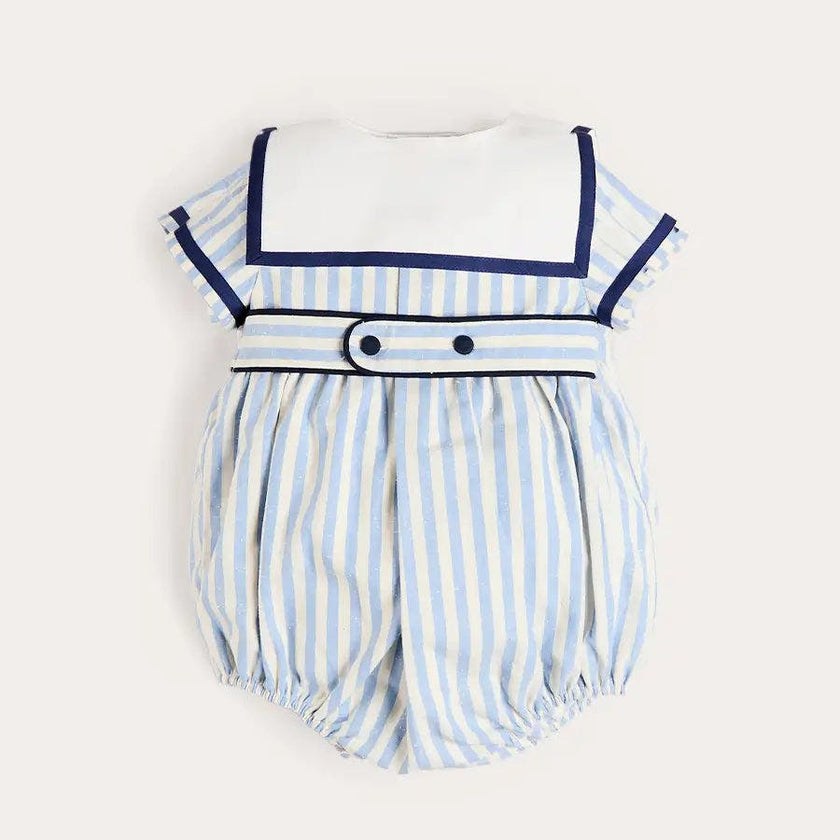 Regency Stripe Mariner Collar Bow Detail Romper in Blue (6mths-2yrs)