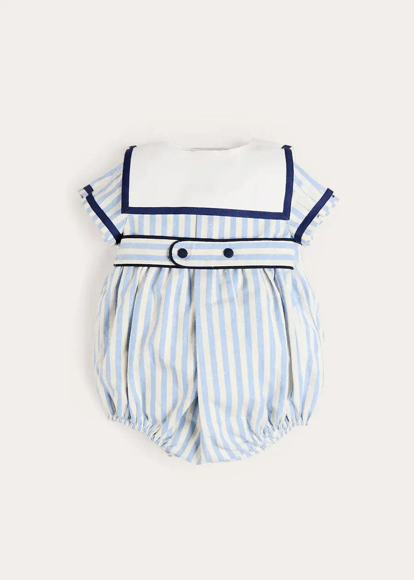 Regency Stripe Mariner Collar Bow Detail Romper in Blue (6mths-2yrs)
