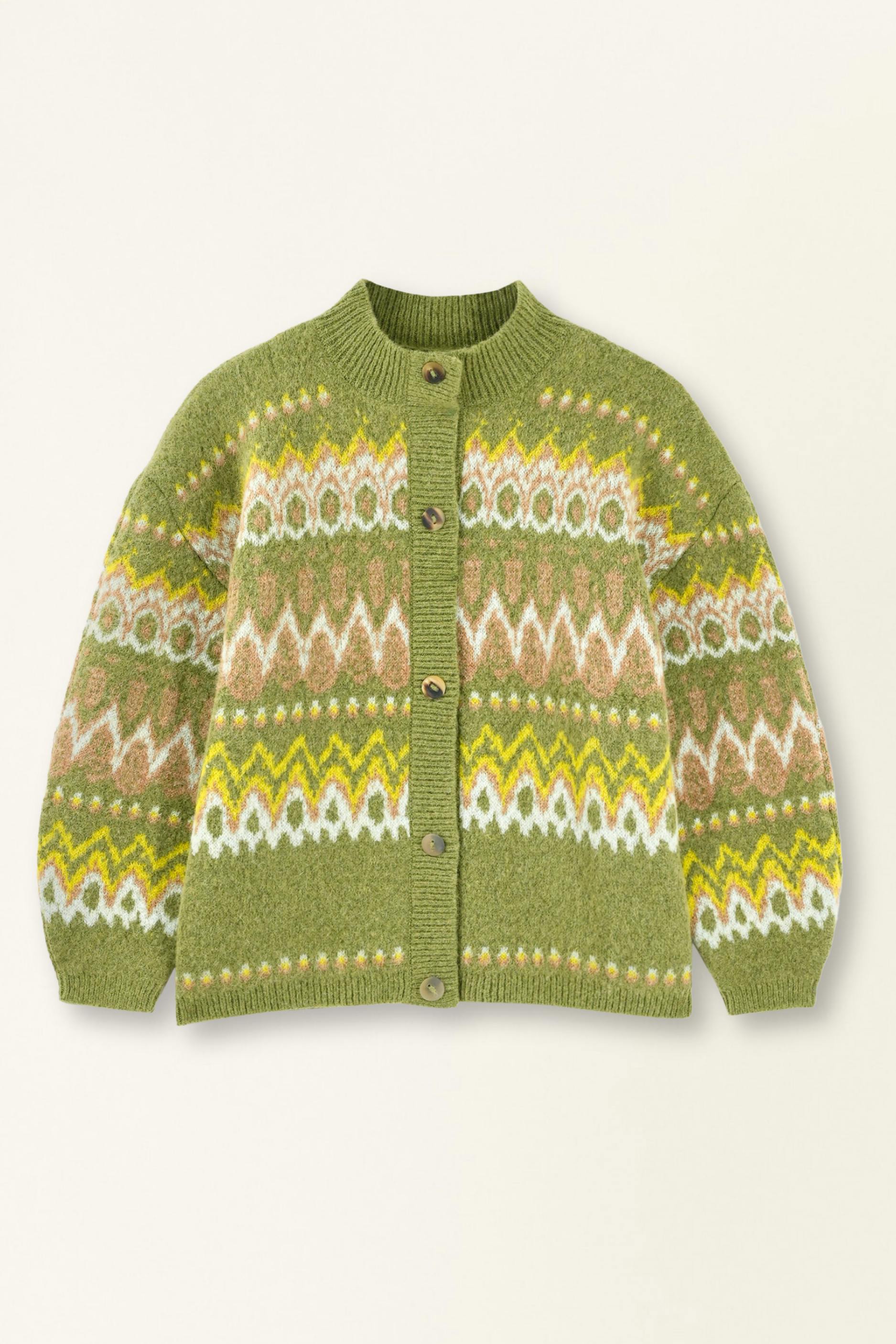 Cusco Fairisle Knit Cardigan in Olive Oil