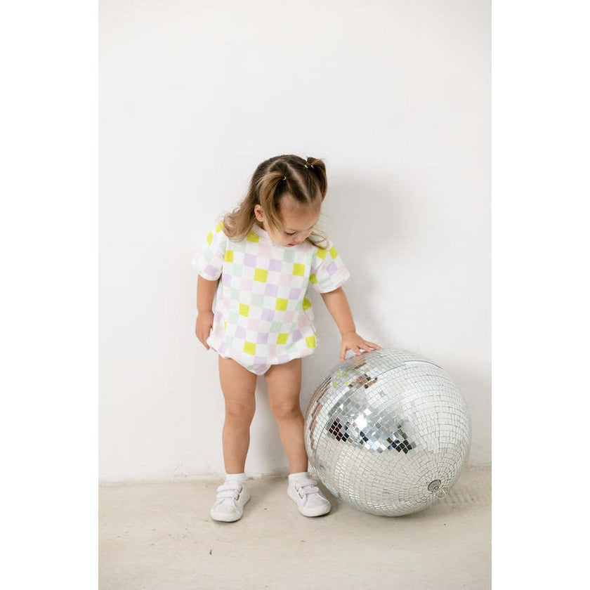 multi-checkered bubble romper
