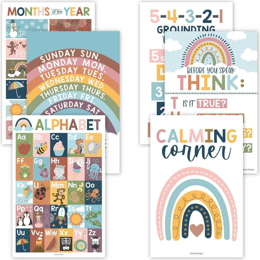 16-Piece Laminated Boho Rainbow Prek & Kindergarten Posters & 8-Piece Calming Corner Posters