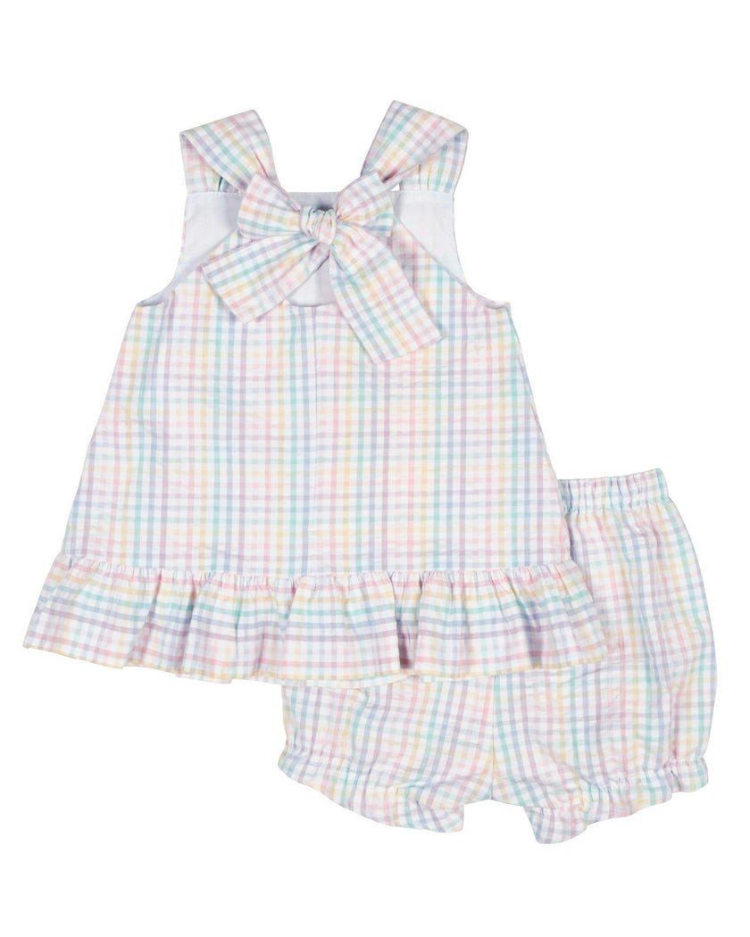 Plaid Seersucker Dress And Bloomer With Flowers