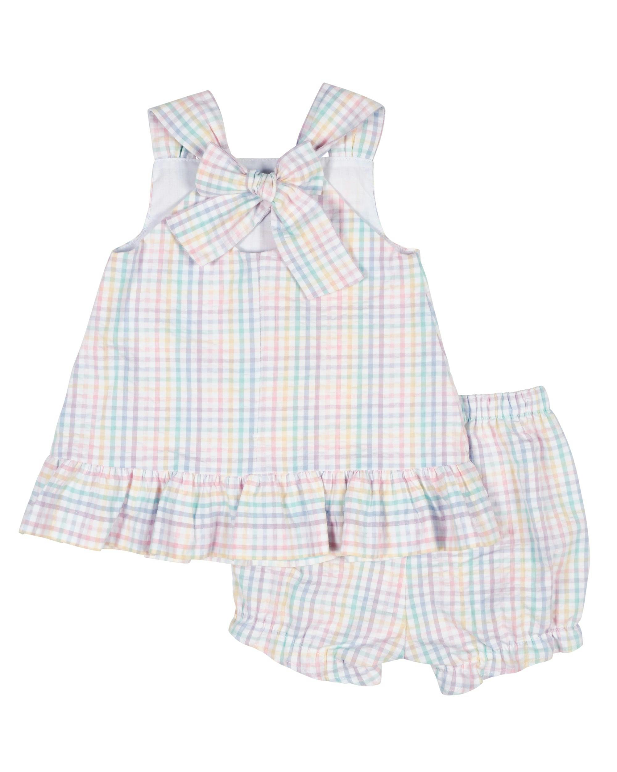 Plaid Seersucker Dress And Bloomer With Flowers