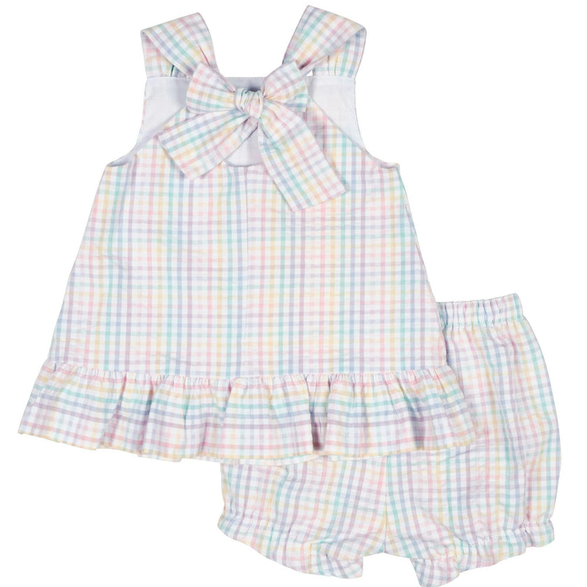 Plaid Seersucker Dress And Bloomer With Flowers