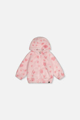 Baby Hooded Full Zip Faux Fur Jacket Pink Printed With Hearts