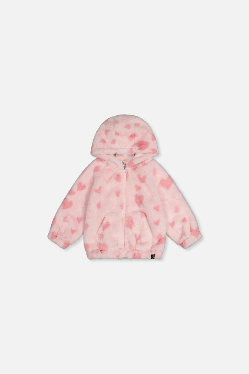 Baby Hooded Full Zip Faux Fur Jacket Pink Printed With Hearts