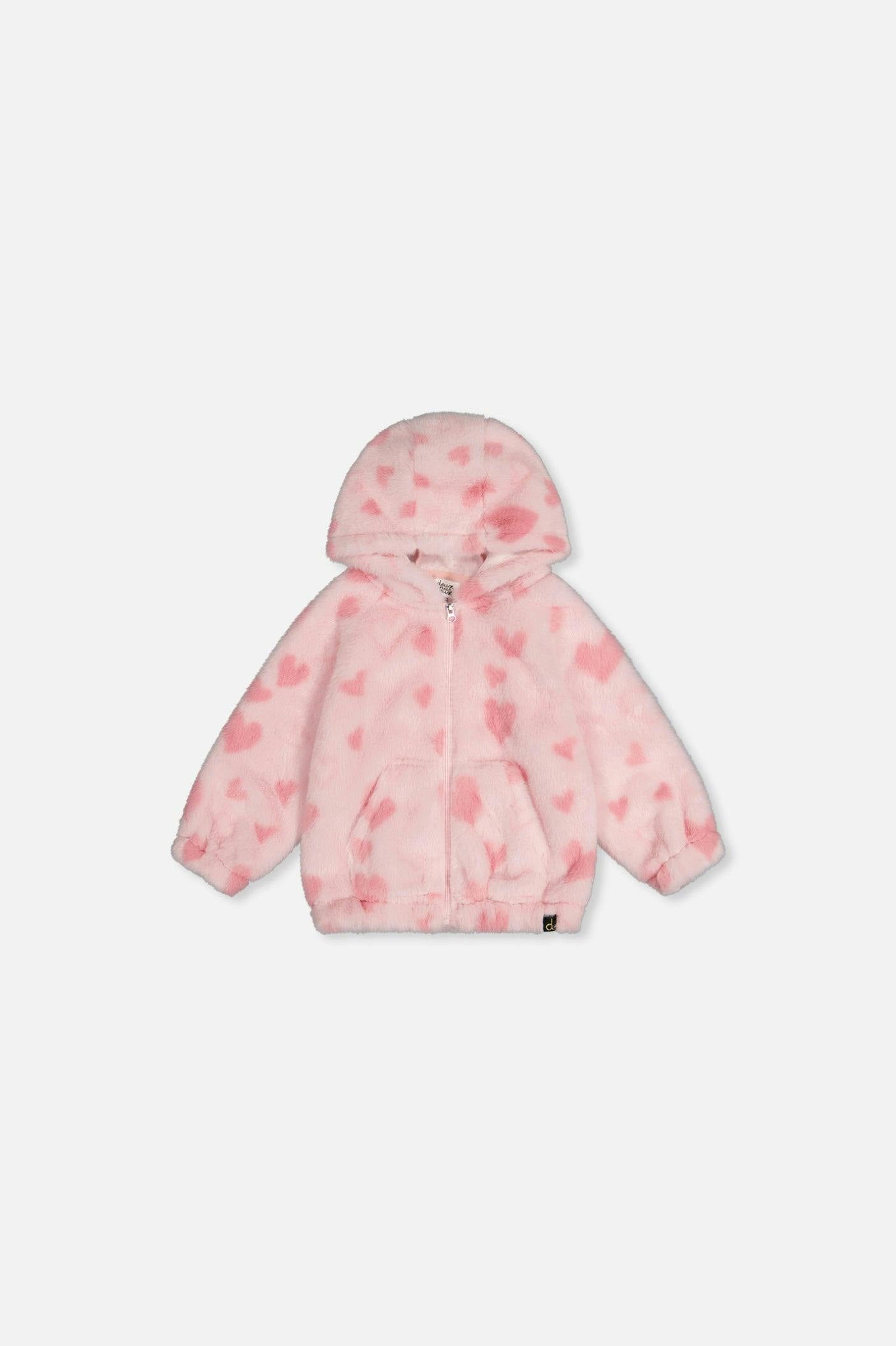 Baby Hooded Full Zip Faux Fur Jacket Pink Printed With Hearts