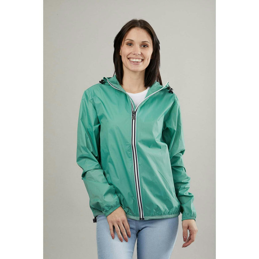 Moss green full zip packable Rain jacket and windbreaker