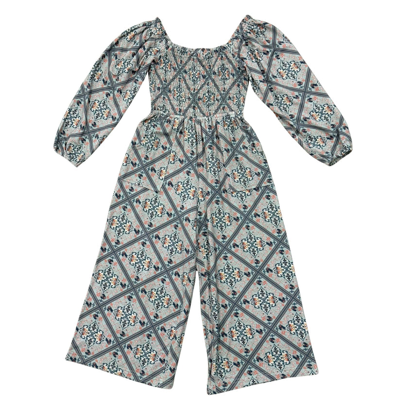 Girls Smocking Knit Jumpsuit in Landon Ethnic Diamond