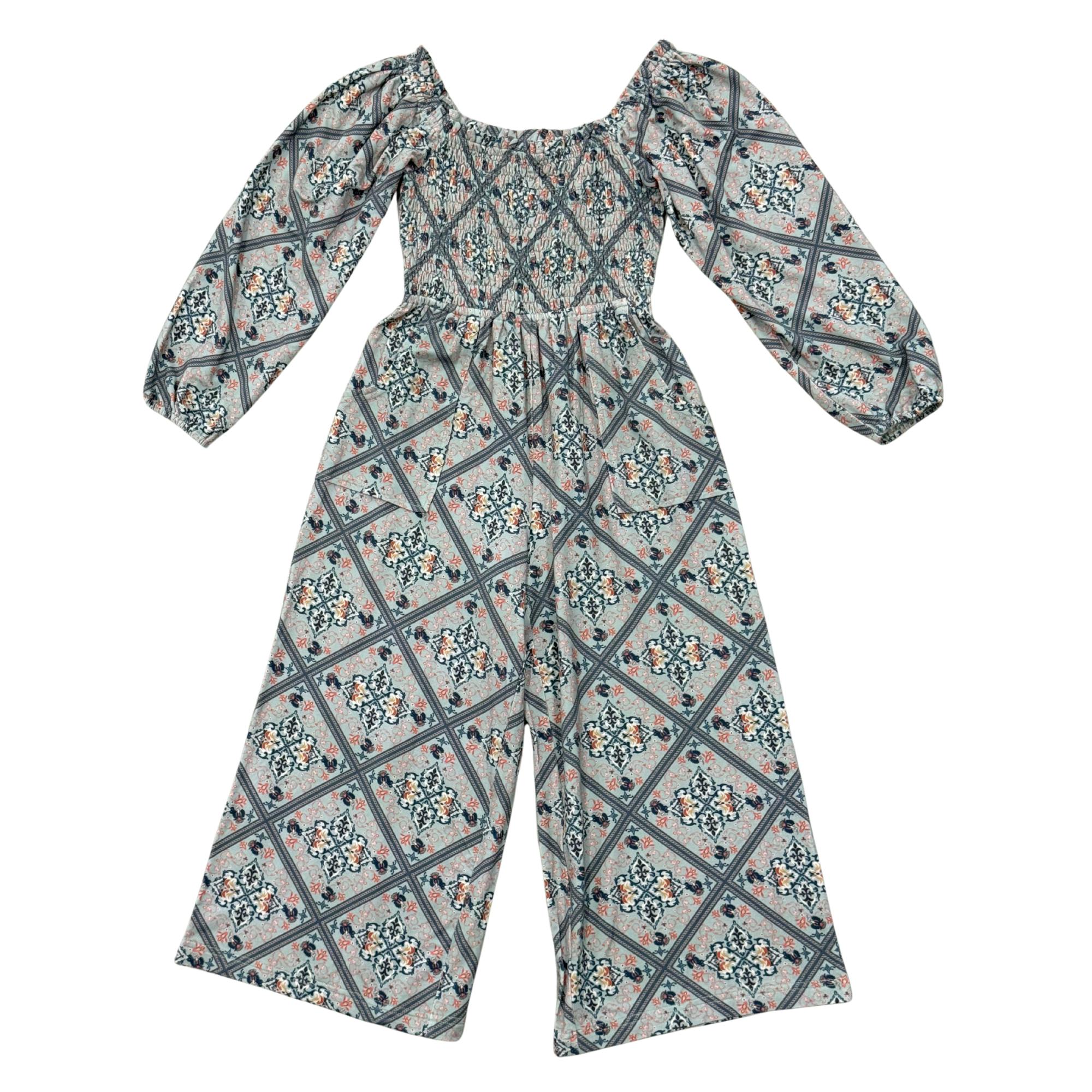 Girls Smocking Knit Jumpsuit in Landon Ethnic Diamond