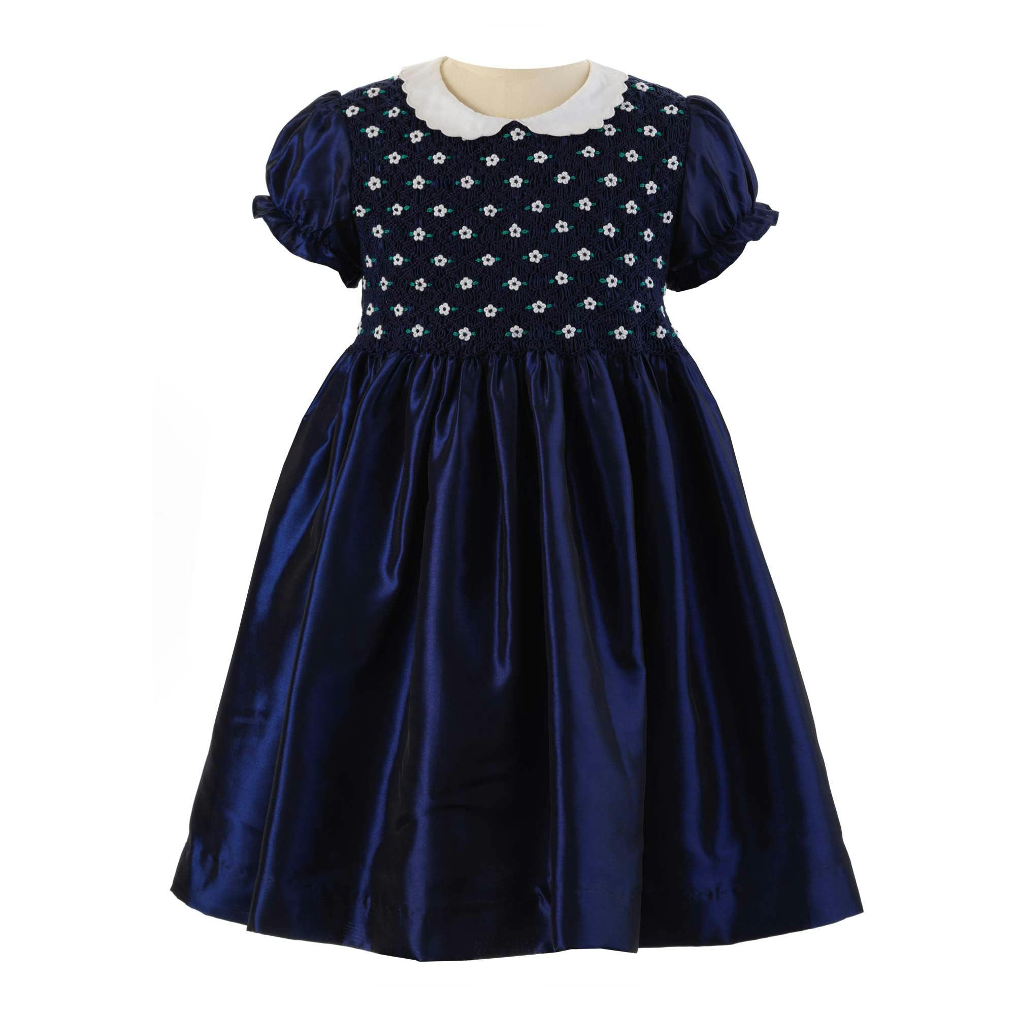 Taffeta 2-Tone Puff Sleeve Elastic Cuff Smocked Dress