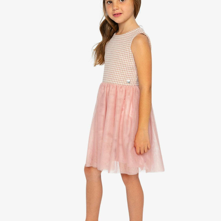 Bi-Material Sleeveless Dress Pink Houndstooth