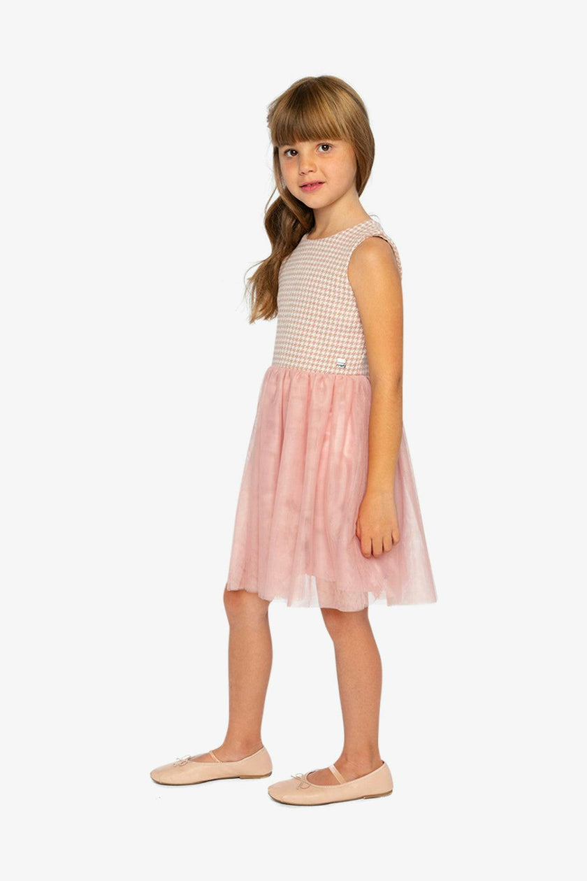 Bi-Material Sleeveless Dress Pink Houndstooth