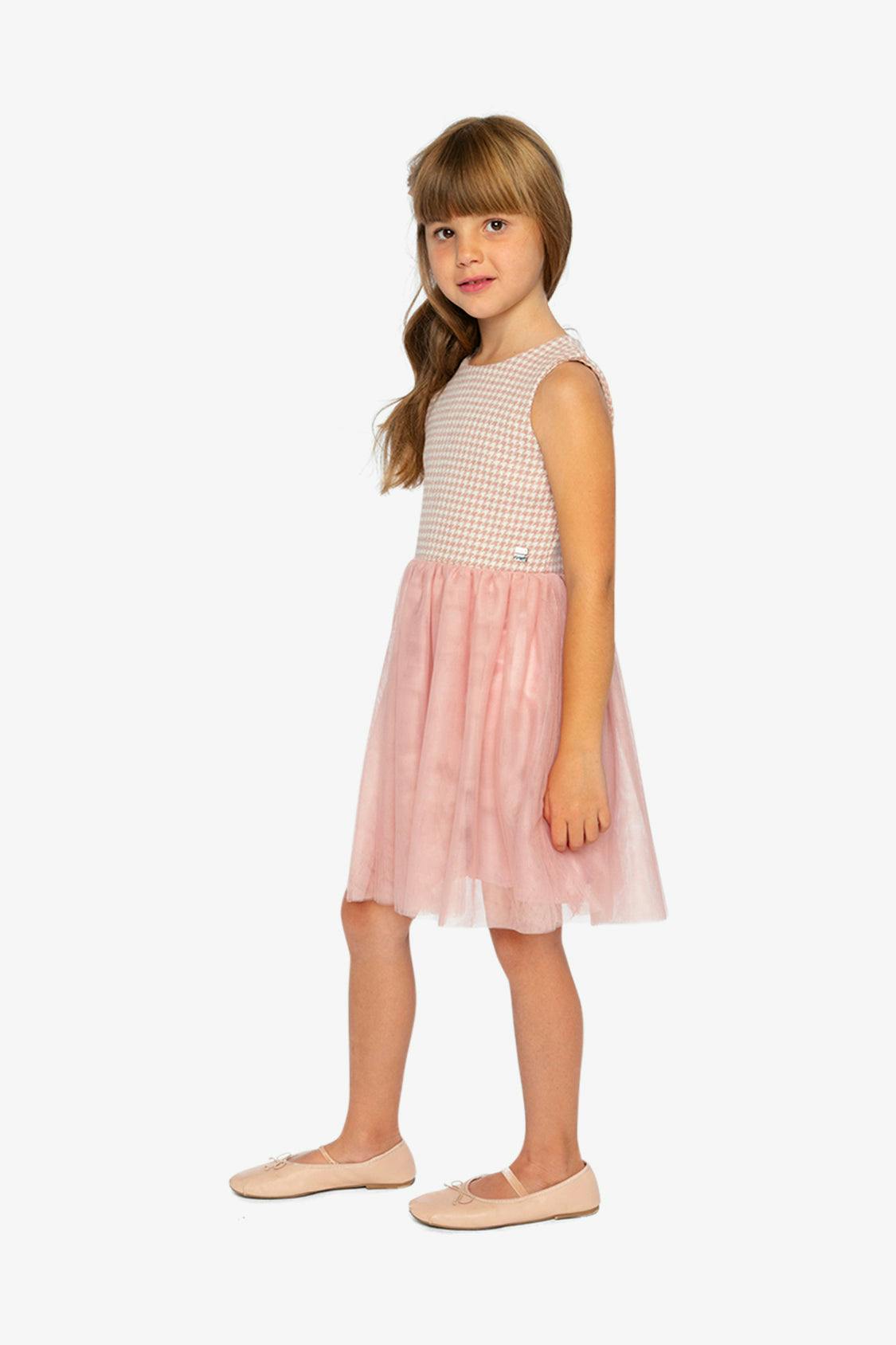 Bi-Material Sleeveless Dress Pink Houndstooth