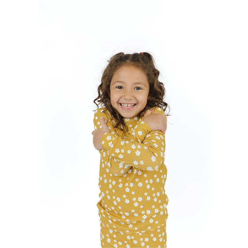 Golden Blooms Two-Piece Ribbed Bamboo Long Sleeve Kids Pajama Pants Set