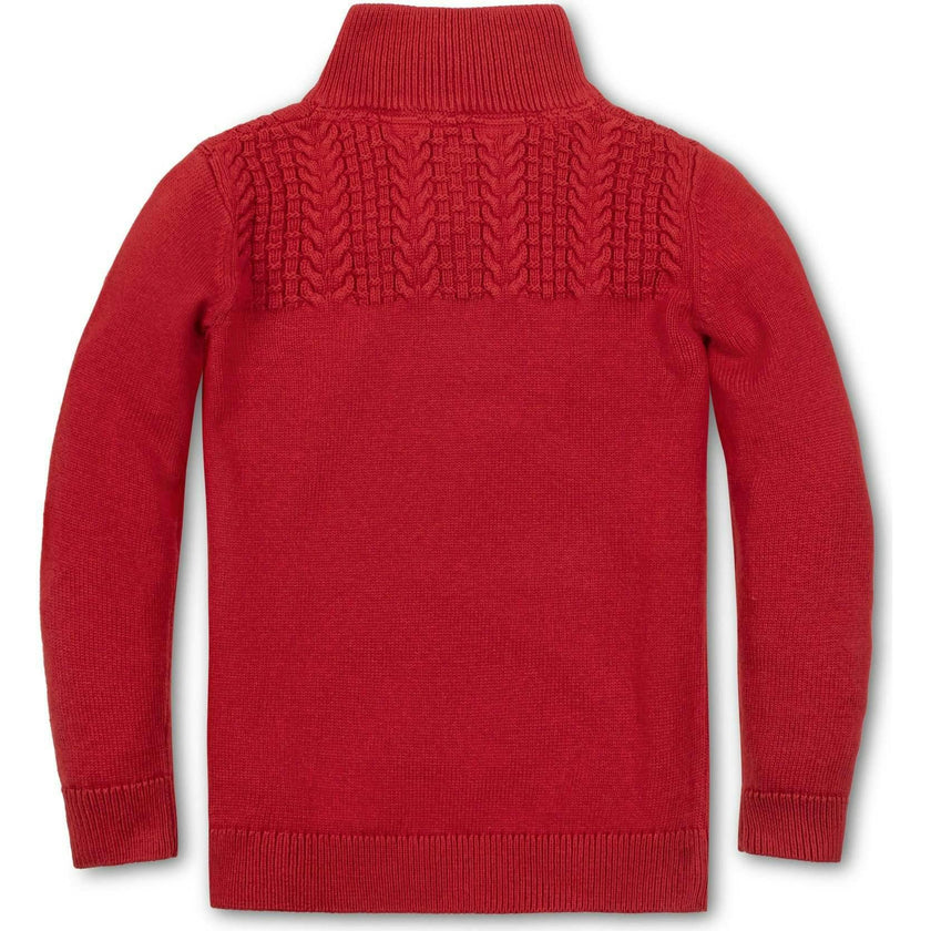 Organic Long Sleeve Mock Neck Sweater with Cable Yoke, Red