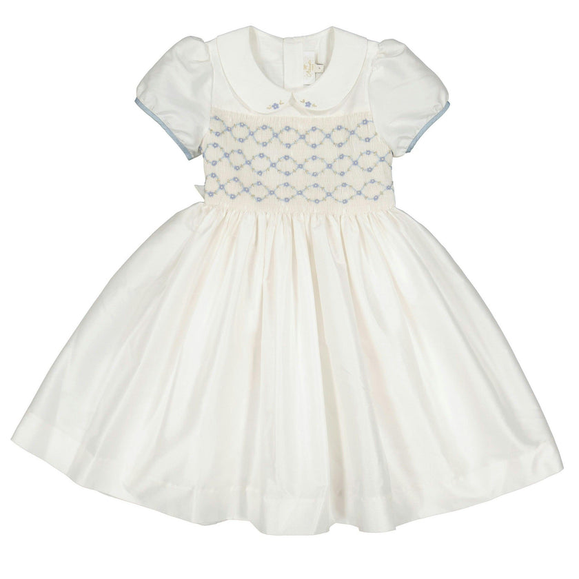 Bagatelle White/Blue Silk Handmade Smocked Dress