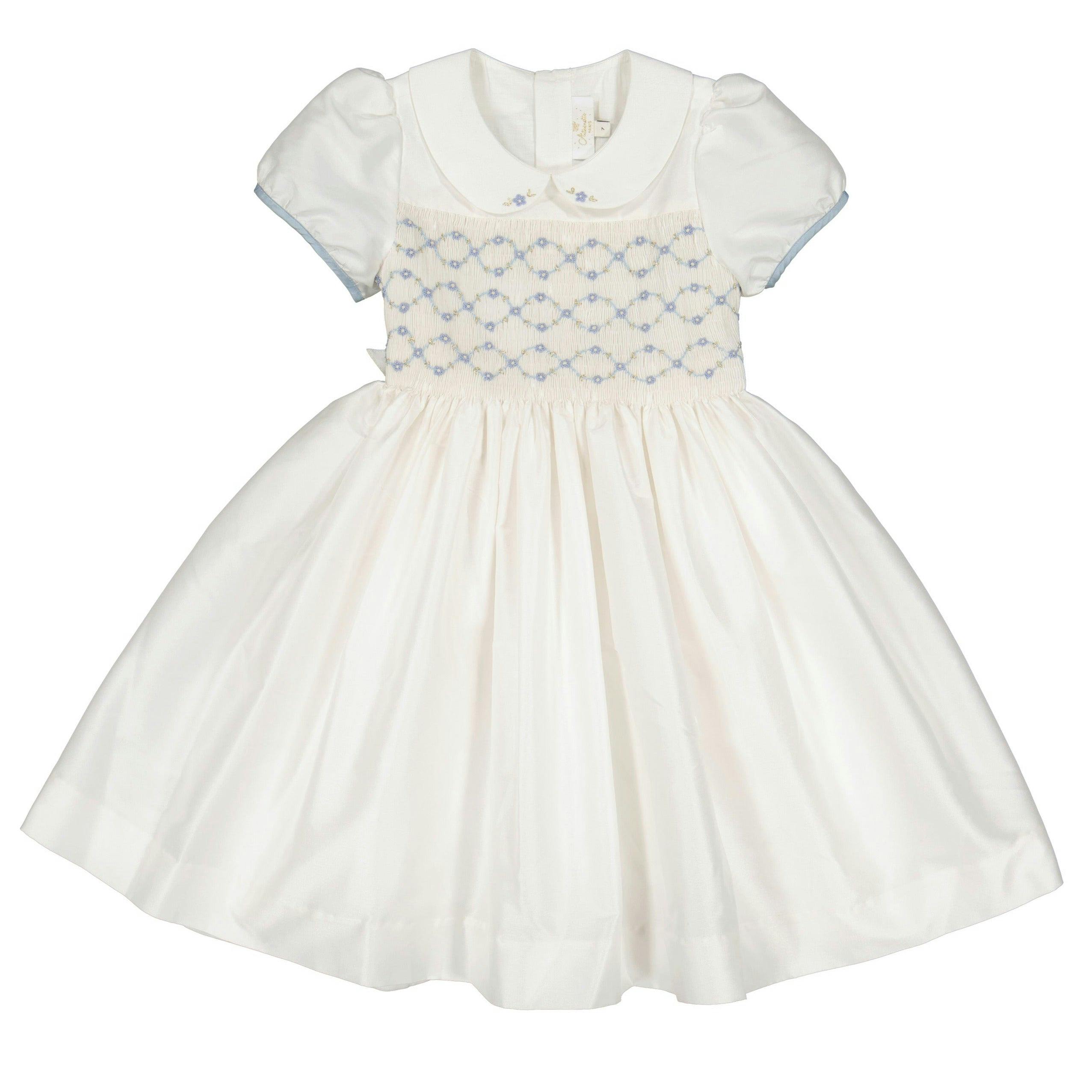 Bagatelle White/Blue Silk Handmade Smocked Dress