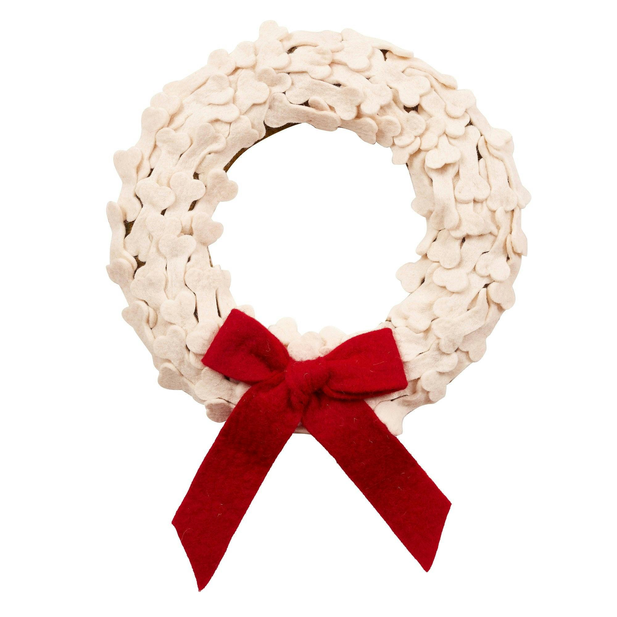 Dog Bones Red Bow Handmade Hand Felted Wool Wreath - 14