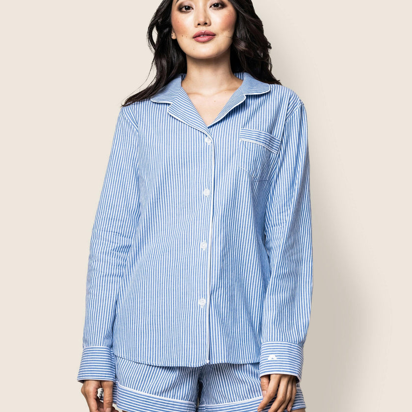 Women's Twill Long Sleeve Short Set in French Blue Heritage Stripe